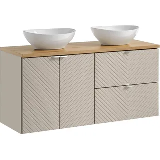 Badezimmerschrank 120 cm Kaschmir mit Eichenplatte und 2 Aufsatzwaschbecken - Beige