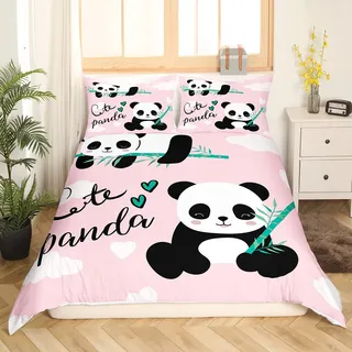 Panda Bettwäsche 135x200 cm Karikatur Panda Bambus motiv Bettwäsche Set Kinder Mädchen Jungen Niedliches Tier Thema Bettbezug Kawaii Tier Panda Bettwäsche Rosa, 1 Bettbezug mit 1 Kissenbezug 80x80cm