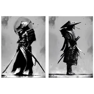 IUNTWEIE Japan Samurai Porträt Bilder Bushido Japanische Krieger Leinwandbilder Wandkunst Schwarzweiss Poster für Wohnzimmer Schlafzimmer Dekor ohne Rahmen (2x60x90cm)
