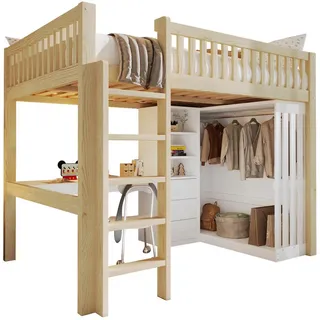 Stilvora Hochbett 140/200 cm in Natur mit Schreibtisch, Kleiderschrank, 3 Schubladen und Treppe , Naturfarben , Holz, Holzwerkstoff , 140x200 cm , Babymöbel & Kindermöbel, Kinderzimmer & Jugendzimmer, Kinderbetten, Hochbetten