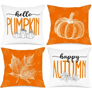 Benjia 4 Stück Kissenbezug Herbst Kissenhülle 40x40 cm, Ahornblatt Kürbis Herbst Kissen Dekorative Herbstkissen für Thanksgiving Halloween Bettwäsche Sofa Decorations Orange 40 x 40 cm