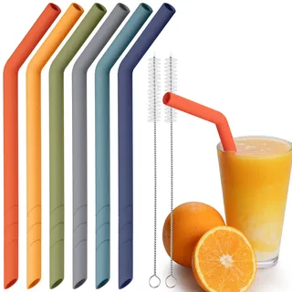 NiHome 6 Stück Silikon Strohhalme Wiederverwendbar, Extra Breite Trinkhalme für Boba, Smoothies & Bubble Tea – Zuschneidbare Länge, BPA-frei, mit 2 Reinigungsbürsten(Dunkelregenbogen)