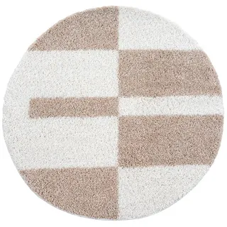 Hochflorteppich , Weiß, Beige , Textil , Streifen , rund , für Fußbodenheizung geeignet, schmutzabweisend, für Hausstauballergiker geeignet, pflegeleicht , Teppiche und Böden, Teppiche, Runde Teppiche