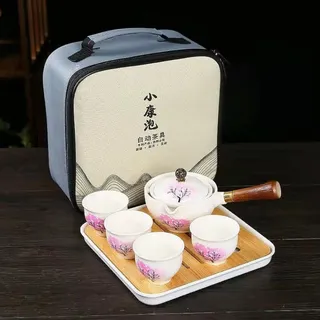 Scizorito Keramik Portable Travel Tee Set, chinesischer Kungfu Tee Set mit 360-Rotation Teekanne und Infuser, 4-Teetassen, Tee Tablett und Reisetasche (Kirschblüte)