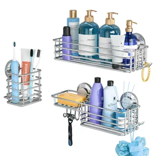 TAILI Rostfrei Duschablage Ohne Bohren, Dusche Caddy Saugnapf mit Dusche Caddy & Zahnbürste Halter Badezimmer 3 Stück Dusche Organisator Keine Bohrung Dusche Regale für Innen Dusche