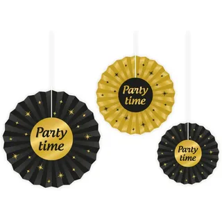 PD-Party - Party Time Papierfächer für Geburtstag - Deko Geburtstag - Party Time Dekoration - Schwarz Gold Deko - Party Deko - Geburtstag Junge & Mädchen - Fächer Geburtstag - 3 Stück