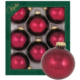 Dekohelden24 Lauschaer Christbaumschmuck - 8er Set Kugeln Uni glänzend Burgund rot, 6,7 cm, mit goldenem Krönchen + 50 Schnellaufhänger in Gold