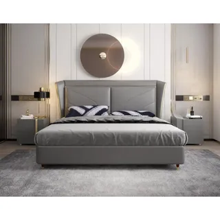 Graues Schlafzimmer Doppelbett Designer Betten Holzgestell Lederbetten - Grau