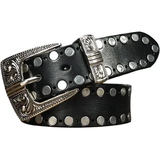 WRJAHCG Herren-Gürtel Dornschließe, Ledergürtel Herren Verstellbare Western Nietengürtel Vintage, Punk Motorrad Echtledergürtel mit Metallschnalle Edelstahl,Schwarz,95CM/37.4''