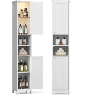 VASAGLE Badezimmerschrank mit Beleuchtung hoch schlanker Badschrank wolkenweiß