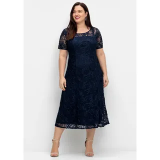 Abendkleid SHEEGO "Abendkleid", Damen, Gr. 40, Normalgrößen, blau (marine), 100% Polyester, unifarben, wadenlang, Rundhals, Kleider Abendkleid