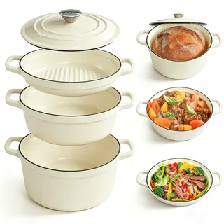 AHJ Topfset Gusseisen Emailliert, 4-teiliges stapelbares Schmortopf Set mit 4,5L Brotbacktopf/Dutch Oven, 2,5L Bräter, 1,2L Grillpfanne und Deckel, antihaftend, backofengeeignet bis 260°C, Weiß
