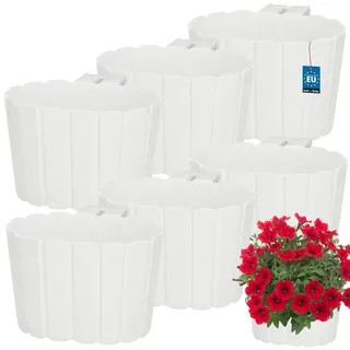 KOTARBAU® Blumenkasten für Balkon 20x14x13 cm, Balkonkasten mit Halterung | Blumenkasten für Balkongeländer, Balkon Pflanzkasten oval, Balkon Deko, Balkonkästen aus Kunststoff, Weiß, 6er Set