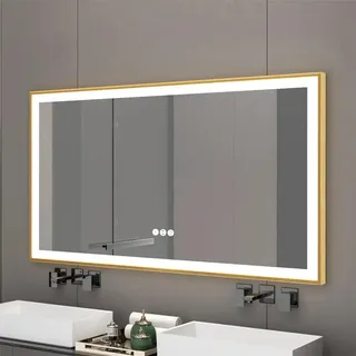 LED Badspiegel - Rechteckiger Wandspiegel - Dimmbares Frontlicht - 3 Lichtfarben - Beschlagfrei - Aluminiumrahmen - 100 x 60 cm - Gold, Weiß