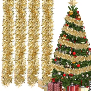 4 Stück Weihnachten Lametta Girlande Weihnachtsbaum 3m Tannen Girlanden ø 9 cm Weihnachtsdeko Tannengirlande, Weihnachts Lametta Girlande für Weihnachtsdekoration Kamin Treppengelände Deko(Gold)