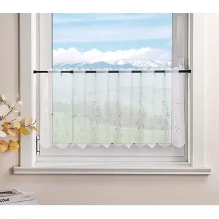 Delien Voile Bistrogardinen für Küche Transparente Scheibengardine Landhaus Kurz Gardine Modern »Blumenzweig« Stores Schals Bestickt Vorhang mit Tunnelzug BxH 140x60cm,Weiß