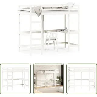 The Living Store Hochbett mit Schreibtisch Weiß 100x200 cm Massivholz Kiefer - Weiß