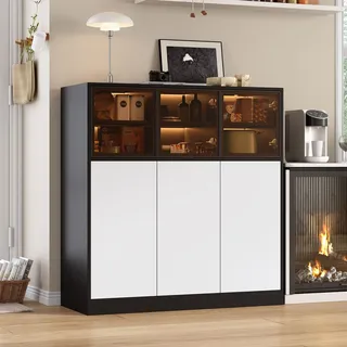 Merax Kommoden Sideboard, mit LED-Beleuchtung, 3 Glastüren, 3 Tür, Aufbewahrungsschrank für Wohnzimmer Küche Esszimmer, 100×40×105 cm, Schwarz+Weiß - Schwarz