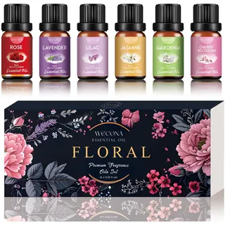 Wecona Blumige Ätherische Öle Set – 6x10ml ätherische Öle naturrein & Duftöl für Diffuser, für Kerzen, Kerzen mit Rose, Lavendel, Jasmin, Flieder, Kirschblüte & Gardenie