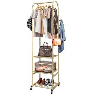 Dazioter Kleiderständer mit Rädern und 3-stufigen Metallböden, Kleiderstangen zum Aufhängen von Kleidung mit 4 Haken, Kleiderständer Garderobe Organisator für kleinen Raum, Gold