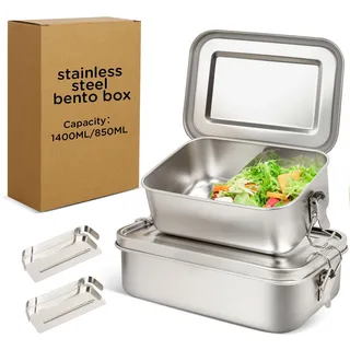 Awaiymi 2 Pack 1400/850ml 304 Edelstahl Lunch Box und Lebensmittelbehälter mit Deckel Auslaufsicheres verstellbares Fach Metall Bento Box Edelstahl Brotdose für Reisen Arbeit Picknick Erwachsene