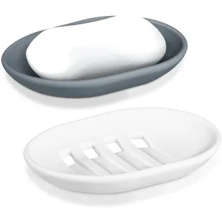 Seifenablage Silikon, 2er Set Seifenschale mit Ablauf, rutschfeste und Tragbare Seifenhalter Dusche, Soap Holder für Waschbecken, Bad, Küche (Grau & Weiß)