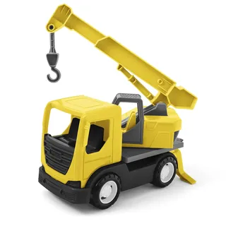 Wader 35367 - Tech Truck LKW mit Kran, Haken, drehbarem Aufsatz und stabilen Stahlachsen, ca. 31 x 14,5 x 19 cm groß, gelb, ab 12 Monaten, ideal als Geschenk für kreatives Spielen