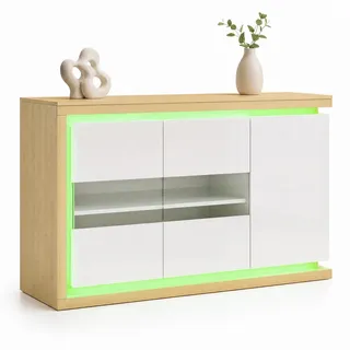 Stilvora Sideboard in Weiß Hochglanz-Wohnzimmerschrank mit verstellbarer Einlegeboden für Flur, Wohn-, Büros, B140/T40/TH84cm , Weiß, Naturfarben , Holzwerkstoff, Glas , 2 Fächer , Rechteckig,Rechteckig , Bodenplatte , 140x84x40 cm , Kleinmöbel, Kommoden, Sideboards