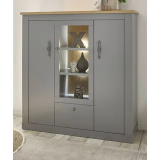 Highboard "Rideau" in grau und Eiche Landhaus Vitrine 138 x 142 cm - Grau, Naturbelassen