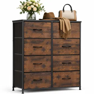 DUMOS Kommode mit Schubladen - Kommoden & Sideboards für Schlafzimmer Geeignet, Komodenschrank mit 8 Schubladen, Stoffkommode mit Stahlrahmen, Schrank Klein, Ideal für Flur, Wohnzimmer (Vintagebraun)