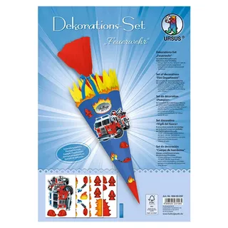 Ursus 9880009F - Dekorationsset Feuerwehr, 4 Bogen Bastelkarton DIN A4, zum Dekorieren einer Schultüte (Rohling nicht enthalten) beidseitig bedruckt, vorgestanzt, mit Satinband