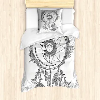 ABAKUHAUS Mystiker Mantele, Traumfänger Mond, Milbensicher Allergiker geeignet mit Kissenbezügen, 135 cm x 200 cm - 80 x 80 cm, Schwarz-Weiss - Schwarz