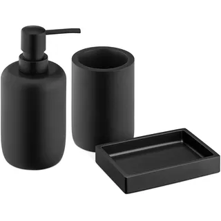 Navaris Badezimmer Set Schwarz 3-teilig - Seifenspender und Zahnputzbecher Set mit Seifenschale - Dekoratives Badzubehör - Bad Accessoires aus Kunstharz - Design matt