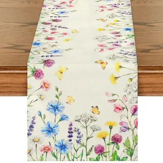 DEMIUKO Tischläufer Frühling Blumen Schmetterling Tisch Dekoration 32x180 cm Saisonnal Sommer Beige Tisch Läufer Küche Esstisch Vintage Abwaschbar Tischdekoration für Zuhause Party Hochzeit