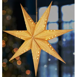 BRUBAKER 3D Weihnachtsstern zum Aufhängen - Fenster Papierstern mit E14 Fassung - 60 cm Deko Muster Adventsstern, Gold - Gold
