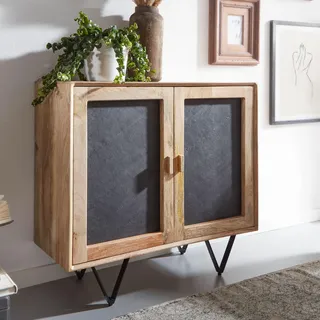 FineBuy Sideboard 80x75x35 cm Mango Massivholz / Stein-Optik Anrichte Kommode mit 2 Türen Kleiner Kommodenschrank Holz Massiv Standschrank - Braun
