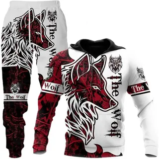 lFTEGUFKXS 3D Wolf Herren Kapuzen Hose Herren Christmas Trainingsanzug Jogginganzug Pullover Set (M,s1)