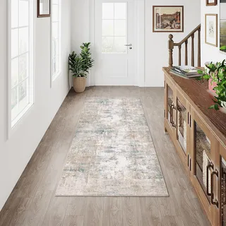 HUGEAR Waschbarer LäUfer Teppich Flur 60 x 180cm Beige Blau Modern Abstrakt Küchen Wohnzimmer Schlafzimmer Teppiche TeppichläUfer rutschfest Kurzflor Weich FlurläUfer TeppichläUfer Bettvorleger