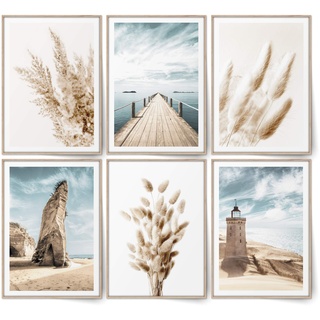 BLCKART Infinity Beige Love Beach Bilder Set Stilvolle Beidseitige Pampasgras Poster Strand Wohnzimmer Deko (L | 6x A3 | 29,7 x 42 cm | ohne Rahmen, BEIGE LOVE BEACH)