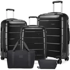 KONO Koffer Sets von 5 Stück Cabin/Medium/Large Luggage Carry On Travel Suitcase Sets mit Reisetasche und Kulturbeutel Lightweight Polypropylene Hard Shell Trolley Case with Secure TSA Lock(Black)