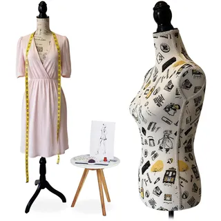 Relaxdays Schneiderpuppe, weiblich, Größe 36/38, höhenverstellbar 160–175 cm, Holzständer, London-Design, Creme/schwarz