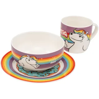 United Labels Pummel & Friends Pummeleinhorn 3-teiliges Geschirrset, Rainbow, Frühstücksset aus Porzellan mit Teller Ø 19 cm, Tasse 220 ml und Schale 330 ml, Geschirr Set