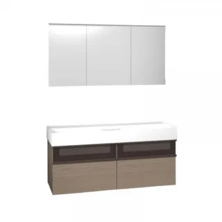 burgbad Yumo Set Mineralguss-Waschtisch inklusive Waschtischunterschrank, inklusive Spiegelschrank mit LED-Waschtischbeleuchtung, Breite: 1315mm, Version rechts, SFLC132RF3717G0179, Farbe: Eiche Dekor