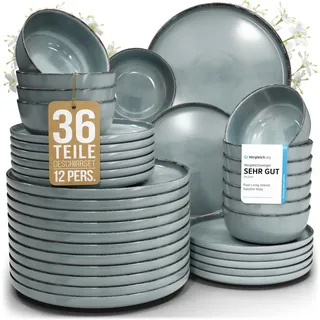 Steingut Geschirrset 12 Personen Rustic 36 tlg. TESTSIEGER, Hochwertiges Landhaussttil Steingut Geschirr Set, Schüssel- und Teller Set, Tafelservice 12 Personen, Geschirrsets Pure Living in Rauchblau