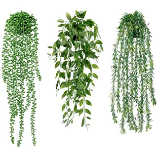 Betylifoy 3 Stück Künstliche Hängepflanzen Eukalyptus Blätter mit Töpfen 60cm Lang Wartungsfreie Künstliche Sukkulente Pflanzen für Hausgarten Indoor Outdoor Decor (Sukkulenten)