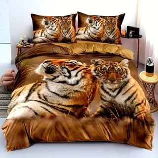 Luowei Tier Bettwäsche 135x200cm Kinder Jungen Tiger Motiv Braun Mikrofaser Bettbezug Set Weich 3D Effekt Bettwäsche 2teilig mit Reißverschluss und 80x80 cm Kissenbezug