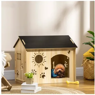 PawHut Hundehütte aus Holz Kleintierhaus mit Lüftungsöffnungen Dach Hundehöhle Indoor MDF Eiche+Schwarz 69 x 50 x 58,5 cm