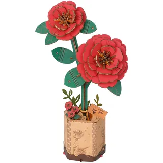 Rolife 3D Puzzle Blumen Blumenstrauß hölzerne Blüte Handwerk Modell Kits für Erwachsene Ewige Blumen Romantisches Geschenk für ihren Geburtstag/Valentinstag/Muttertag (Rote Kamelie)