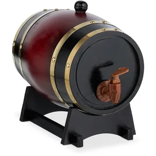 Relaxdays Holzfass klein, 2,2 l, Whiskyfass mit Bock & Zapfhahn, für Wein & Spirituosen, Deko Schnapsfass, rot/schwarz