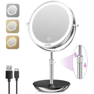 Auxmir 30X/1X Wiederaufladbarer Kosmetikspiegel mit Beleuchtung, 9cm Höhenverstellbar, 9 Zoll Schminkspiegel, 3 Lichtfarben & Helligkeit Dimmbar, 360° Drehbarer Tischspiegel für Makeup & Hautpflege